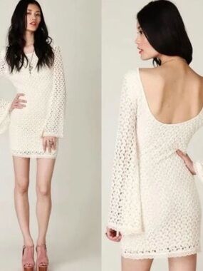 White Crochet Scoop-Back Mini Dress